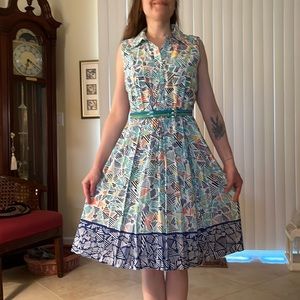 Size 4 casual cotton polyester dress in multicolored pattern.